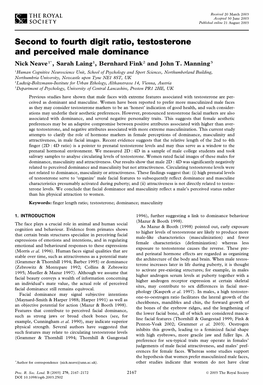 Second to Fourth Digit Ratio, Testosterone and Perceived Male