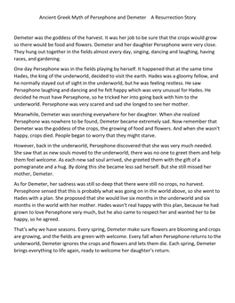Ancient Greek Myth of Persephone and Demeter a Resurrection Story Demeter Was the Goddess of the Harvest. It Was Her Job to B