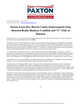 Paxton Earns Key Harris County Endorsements from Houston Realty Business Coalition and “C” Club of Houston