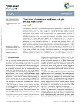 Thickness of Elemental and Binary Single Atomic Monolayers Cite This: Nanoscale Horiz., 2020, 5,385 Peter Hess