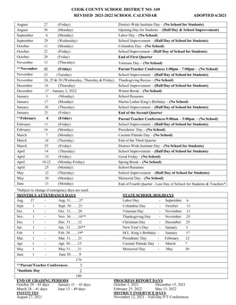 Cook County School District No. 149 Revised 2021-2022 School Calendar Adopted 6/2021