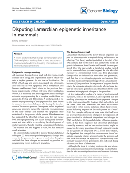 Disputing Lamarckian Epigenetic Inheritance in Mammals Emma Whitelaw