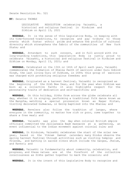 Senate Resolution No. 521 Senator THOMAS BY: LEGISLATIVE RESOLUTION Celebrating Vaisakhi, a Historical and Religious Festi