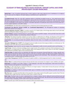 Glossary of Terms Related to Angel Investors, Venture Capital and Other Private Equity Or Debt Financings