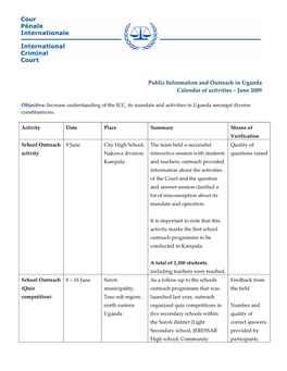 Public Information and Outreach in Uganda Calendar of Activities – June 2009