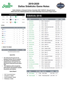 2019-2020 Dallas Sidekicks Game Notes