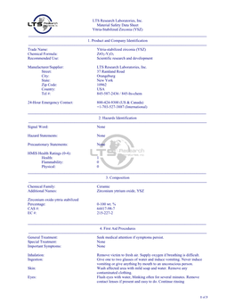 Material Safety Data Sheet Yttria-Stabilized Zirconia (YSZ) ––––––––––––––––––––––––––––––––––––––––––––––––––––––––––––––––––––––––––––––––––––––––––––– 1