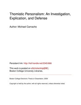 Thomistic Personalism: an Investigation, Explication, and Defense