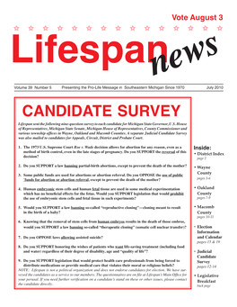 CANDIDATE SURVEY Lifespan Sent the Following Nine-Question Survey to Each Candidate for Michigan State Governor, U.S