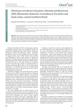 Wiedomys Cerradensis Gonçalves, Almeida and Bonvicino, 2005 (Mammalia: Rodentia: Cricetidae) in Tocantins And