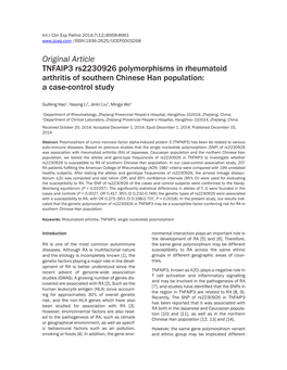 Original Article TNFAIP3 Rs2230926 Polymorphisms in Rheumatoid Arthritis of Southern Chinese Han Population: a Case-Control Study