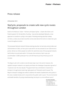 Press Release Skycycle, Proposals to Create Safe New Cycle Routes