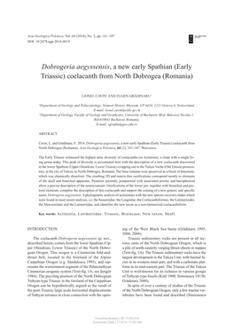 Dobrogeria Aegyssensis, a New Early Spathian (Early Triassic) Coelacanth from North Dobrogea (Romania)