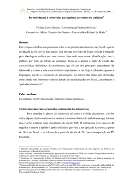 Do Melodrama À Telenovela: Das Lágrimas Ao Retrato Do Cotidiano Viviane Sales Martins – Universidade Federal De Goiás 2