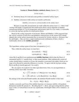 Lecture 6. Monin-Obukhov Similarity Theory (Garratt 3.3) in This Lecture