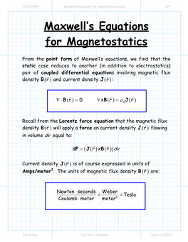 Maxwell's Equations for Magnetostatics