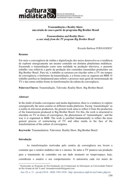 154 Transmidiação E Reality Show: Um Estudo De Caso a Partir Do