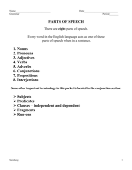 PARTS of SPEECH 1. Nouns 2. Pronouns 3. Adjectives 4. Verbs 5