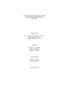 Contaminants Investigation of the Aransas Bay Complex, Texas, 1985-1986