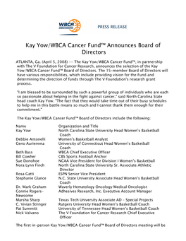 Kay Yow/WBCA Cancer Fund™ Announces Board of Directors 2007-08 040508