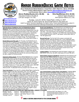 AKRON RUBBERDUCKS GAME NOTES Akron Rubberducks Media Relations ● Canal Park ● 300 S