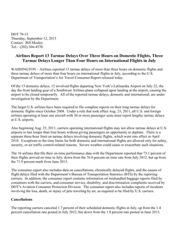 Airlines Report 13 Tarmac Delays Over Three Hours on Domestic Flights, Three Tarmac Delays Longer Than Four Hours on International Flights in July