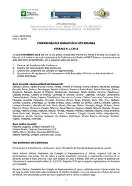 Conferenza Dei Sindaci Dell'ats Brianza Verbale N. 1