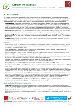 Australian Wind and Solar Edition 73 for the Month Ending 31 March 2017 | Published 3 April 2017