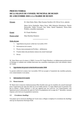 Proces-Verbal De La Seance Du Conseil Municipal De Russin Du 4 Decembre 2018 a La Mairie De Russin