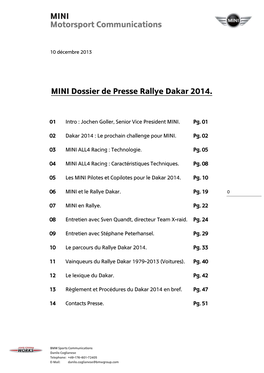 MINI Dossier De Presse Rallye Dakar 2014