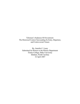 Talisman's Sudanese Oil Investment: the Historical Context Surrounding