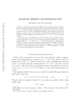 QUADRATIC RESIDUES and DIFFERENCE SETS 3 Conclusion Which Also Follows by Observing That the Set of All Diﬀerences A′ A′′ Is − Symmetric, Whence Must Be Symmetric Too