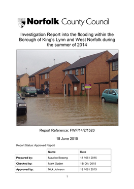 Investigation Report Into the Flooding Within the Borough of King’S Lynn and West Norfolk During the Summer of 2014