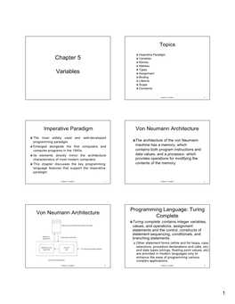 Chapter 5 Variables Names Address Types Variables Assignment Binding Lifetime Scope Constants