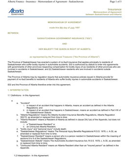 Alberta Finance - Insurance - Memorandum of Agreement - Saskatchewan Page 1 of 5