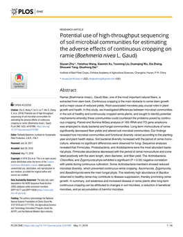 Potential Use of High-Throughput Sequencing of Soil Microbial Communities for Estimating the Adverse Effects of Continuous Cropping on Ramie (Boehmeria Nivea L