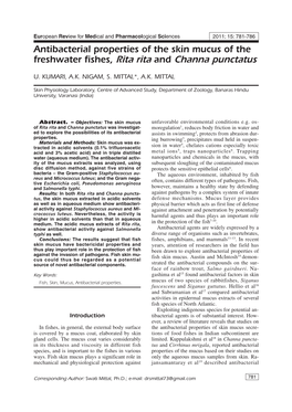 Antibacterial Properties of the Skin Mucus of the Freshwater Fishes, Rita Rita and Channa Punctatus