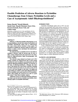 Possible Prediction of Adverse Reactions to Pyrimidine Chemotherapy from Urinary Pyrimidine Levels and a Case of Asymptomatic Adult Dihydropyrimidinuria1