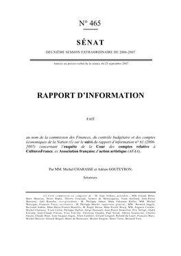 Rapport D'information Du 8 Novembre 2006 Sur L'organisme Culturesfrance