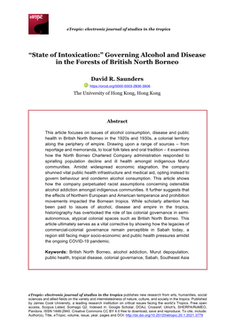 “State of Intoxication:” Governing Alcohol and Disease in the Forests of British North Borneo