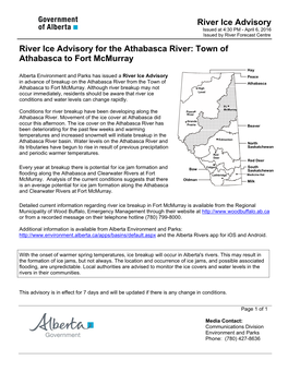 River Ice Advisory River Ice Advisory for the Athabasca River: Town Of