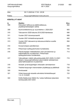 VIRTAIN KAUPUNKI PÖYTÄKIRJA 21/2020 680 Kaupunginhallitus 09.11.2020