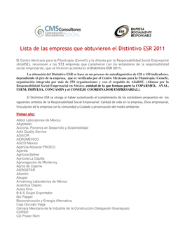 Lista De Las Empresas Que Obtuvieron El Distintivo ESR 2011