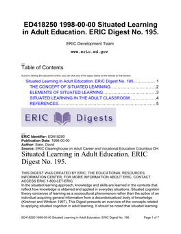 Situated Learning in Adult Education. ERIC Digest No