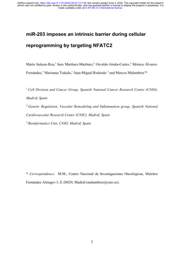 Mir-203 Imposes an Intrinsic Barrier During Cellular Reprogramming By