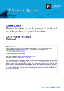 Rose's Homeodynamic Perspective Is Not an Alternative to Neo-Darwinism