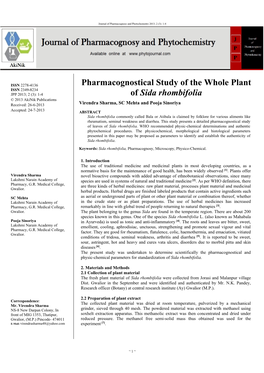 Pharmacognostical Study of the Whole Plant of Sida Rhombifolia