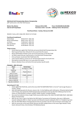 2020 World Golf Championships-Mexico Championship (20 Th of 49 Events in the PGA TOUR Season)