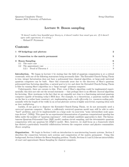 Lecture 9: Boson Sampling Contents