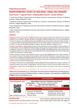 MORPHOMETRIC STUDY of INGUINAL CANAL on CADAVER Vipin Kumar *1, Jignesh Patel 2, Chakraprabha Sharma 3, Suman Inkhiya 4